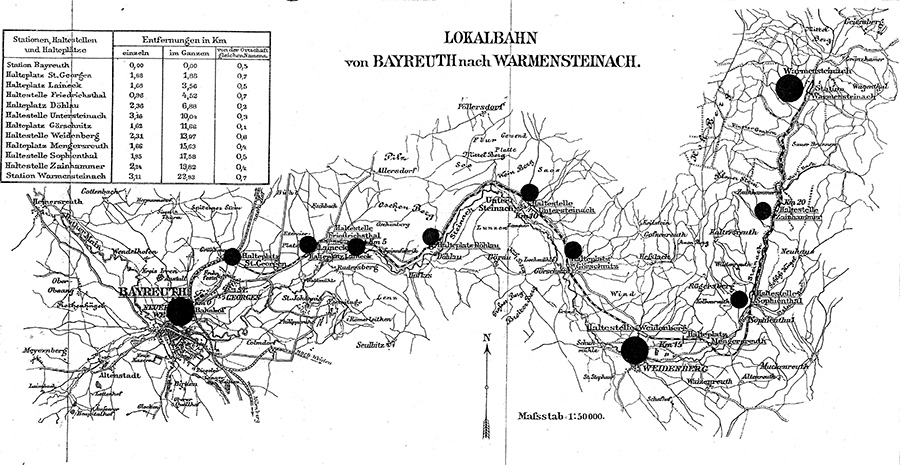 Streckenplan der Lokalbahn von Bayreuth nach Warmensteinach